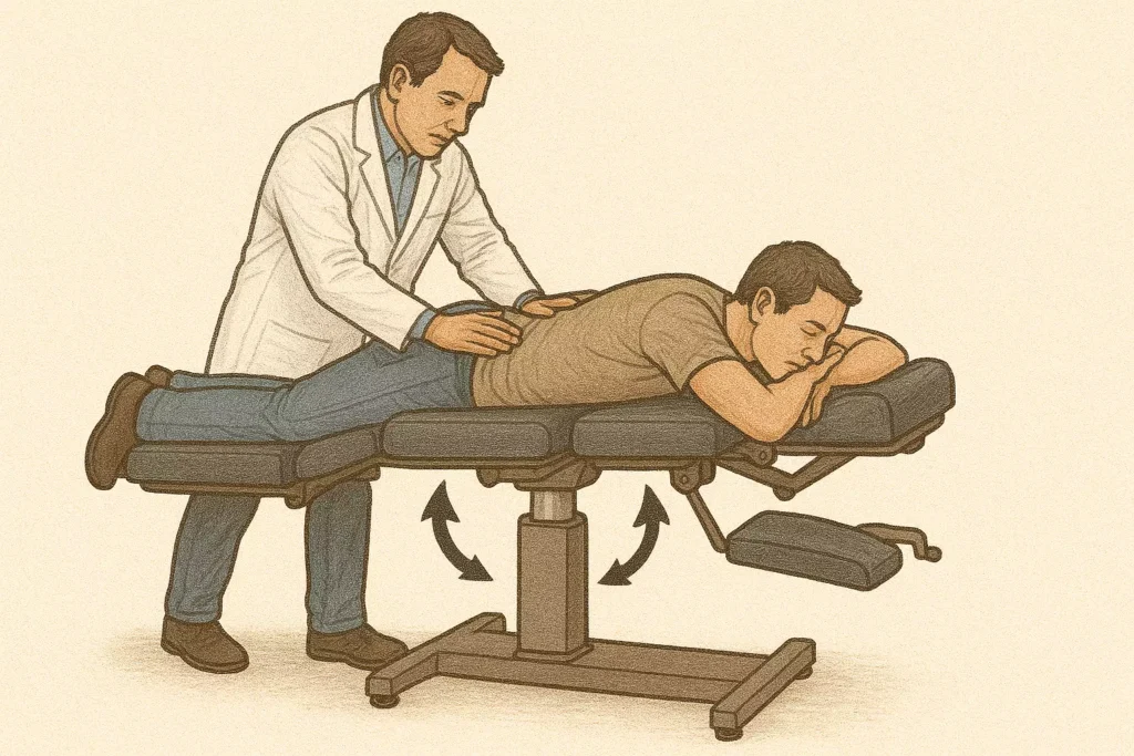 Spinal flexion-distraction technique being used in a chiropractic treatment setting