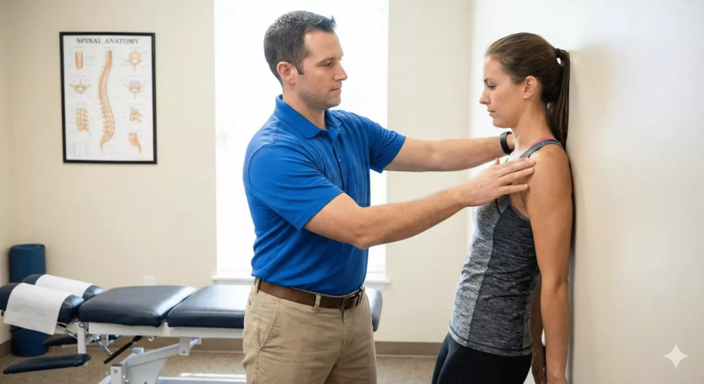 Chiropractic-based posture correction and functional retraining Chiropractic posture correction demonstrating spinal mobility improvement and muscular re‑education