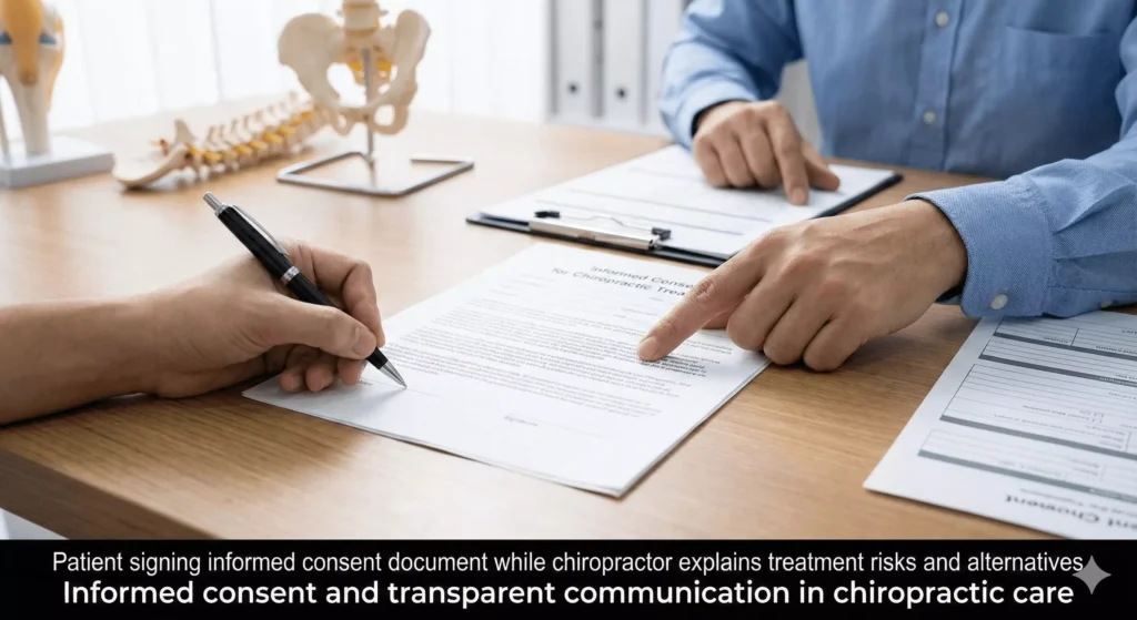 Informed consent and transparent communication in chiropractic care Patient signing informed consent document while chiropractor explains treatment risks and alternatives