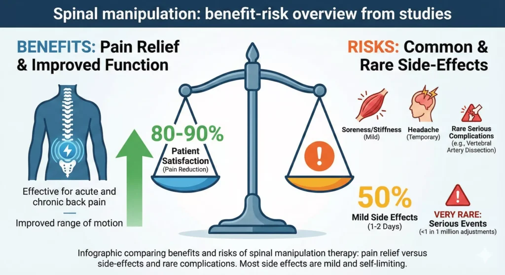 Spinal manipulation: benefit‑risk overview from studies Infographic comparing benefits and risks of spinal manipulation therapy: pain relief versus side‑effects and rare complications