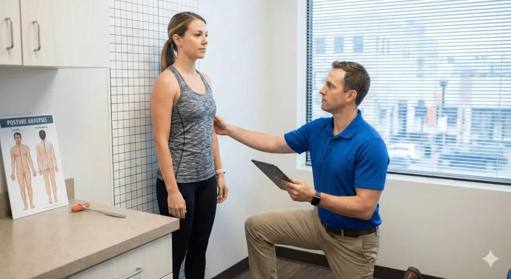 Comprehensive patient screening before spinal manipulation Chiropractor conducting posture and neurological screening before manual therapy in clinic setting