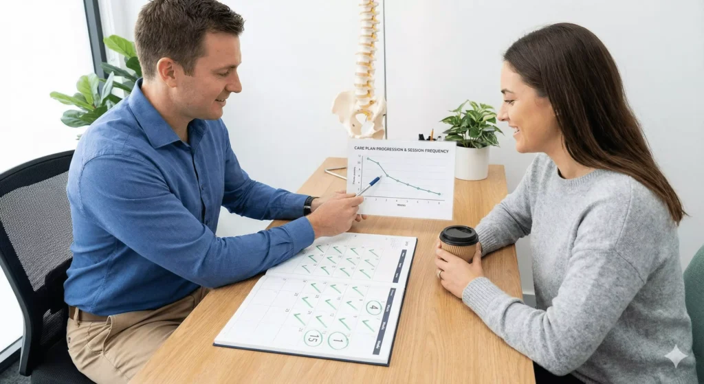 Consultation where chiropractor and patient review session frequency and care timeline