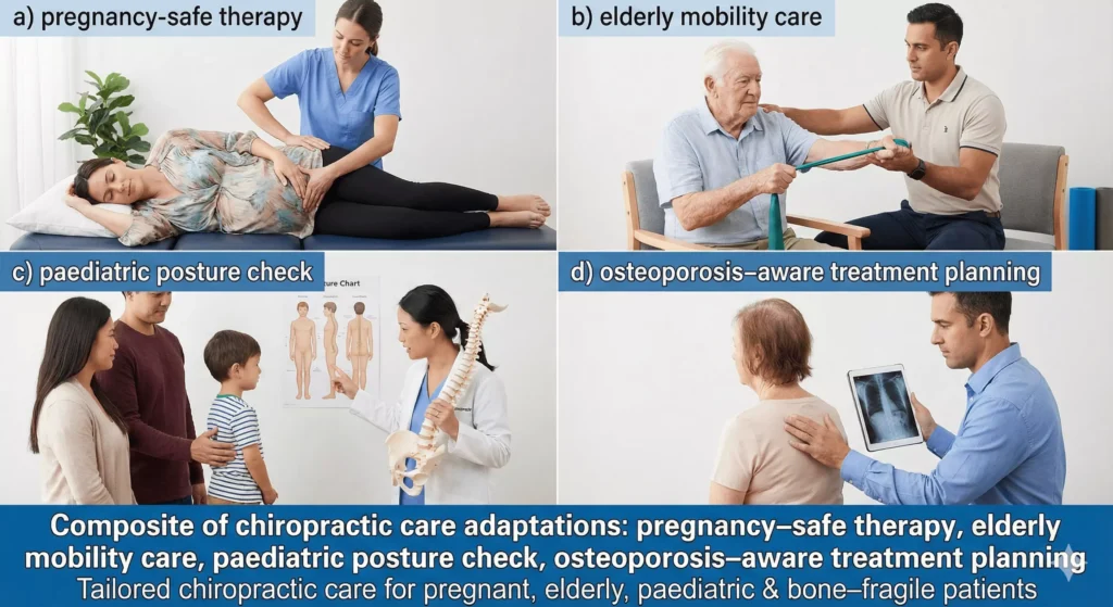 Tailored chiropractic care for pregnant, elderly, paediatric & bone‑fragile patients Composite of chiropractic care adaptations: pregnancy‑safe therapy, elderly mobility care, paediatric posture check, osteoporosis‑aware treatment planning