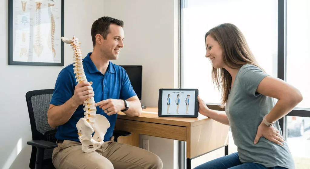 Chiropractor explaining spinal mechanics and lifestyle impact during first chiropractic visit