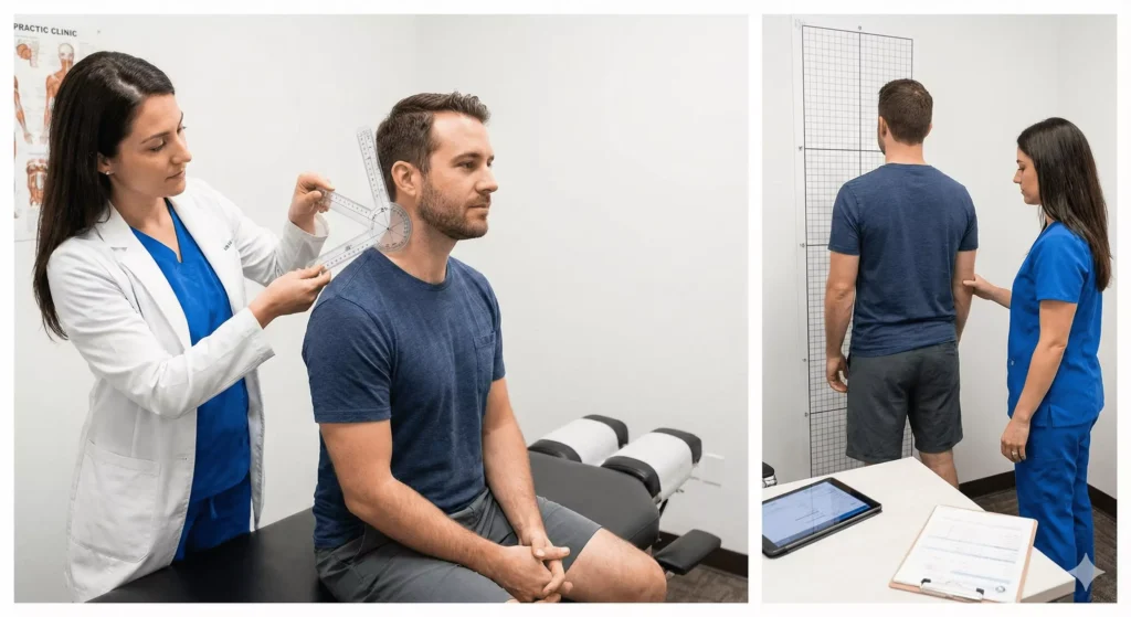 Clinician assessing spinal posture and joint mobility during a first‑visit chiropractic consultation