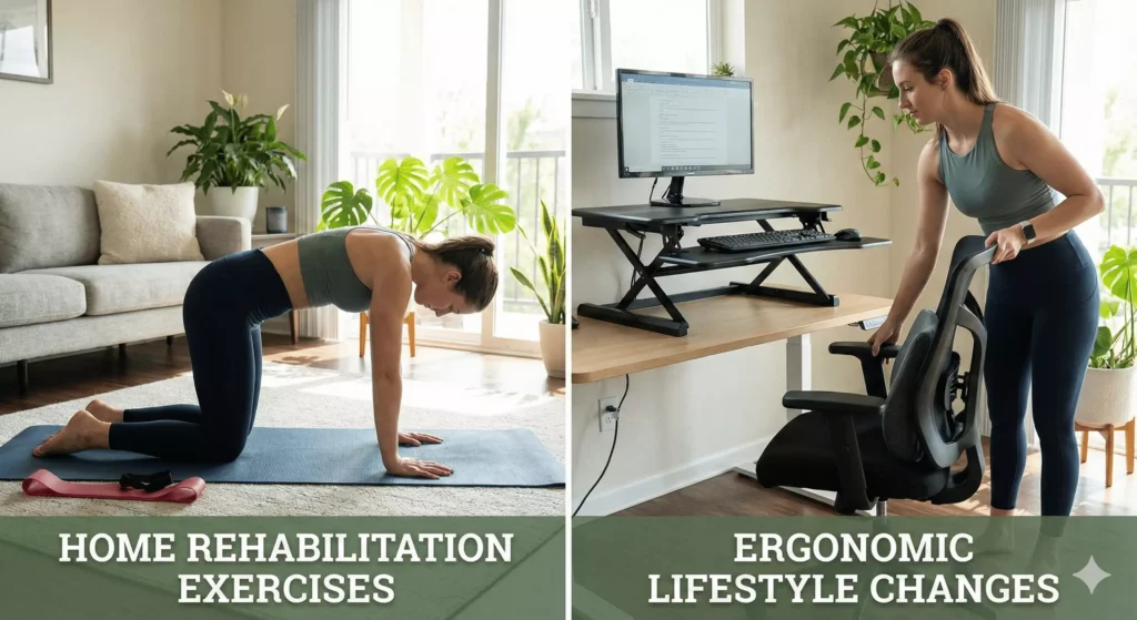 Patient practising home rehabilitation exercises and implementing ergonomic lifestyle changes