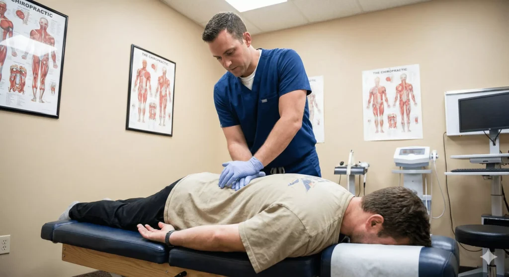 Manual spinal adjustment being administered by a chiropractor during a therapeutic HVLA procedure