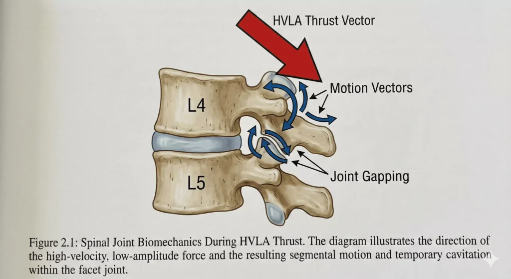 Visualisation of spinal vertebrae alignment with motion vectors illustrating HVLA thrust direction