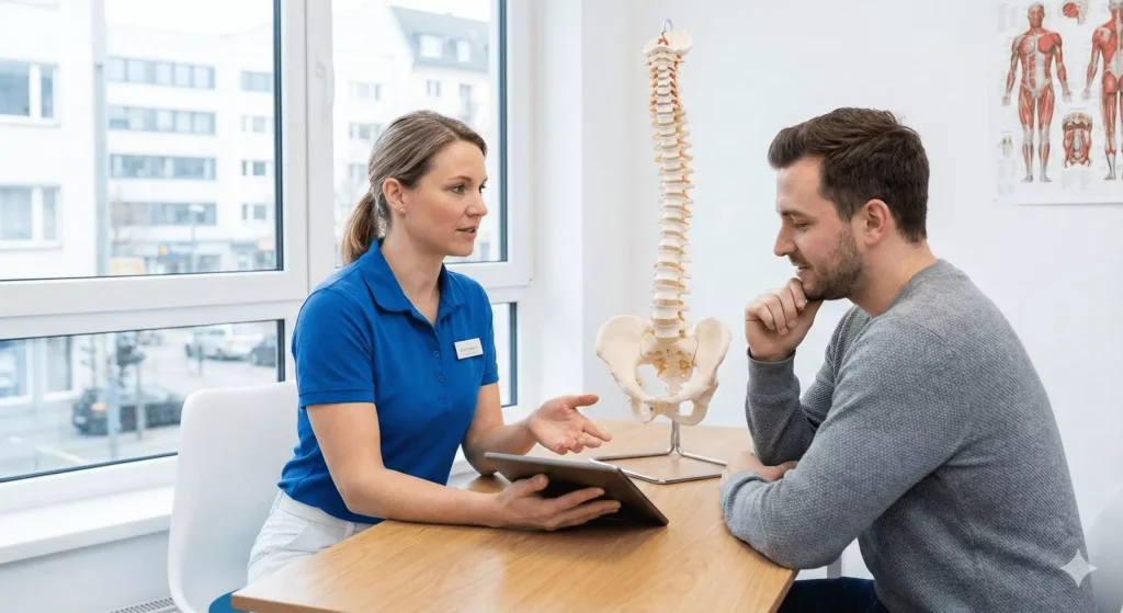 Patient consulting chiropractor during initial assessment and treatment plan creation