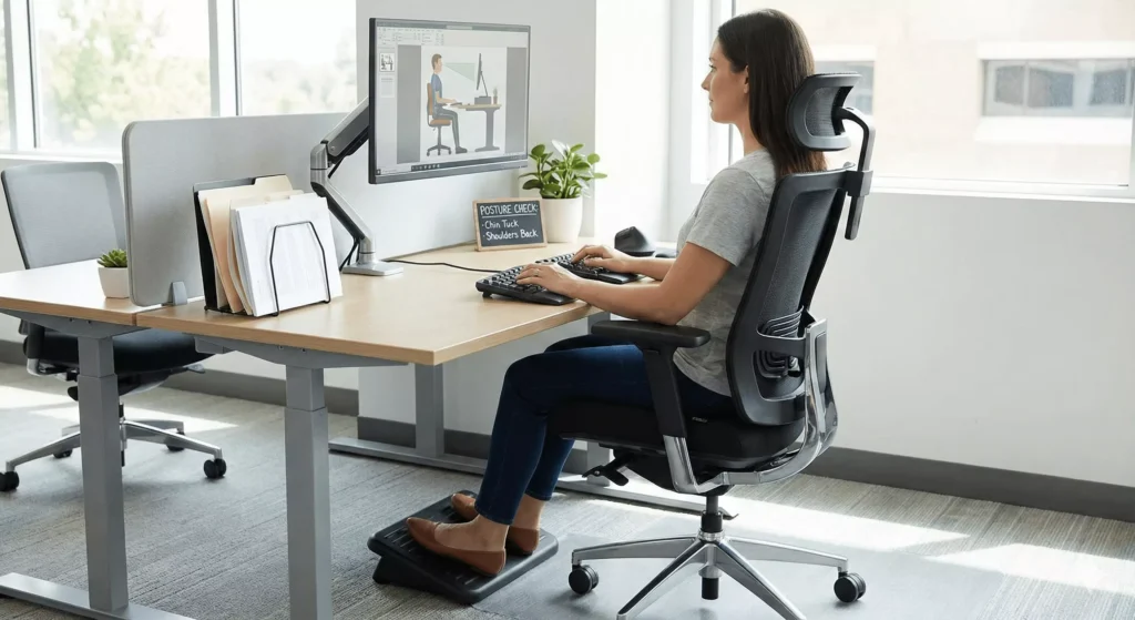 Ergonomic office setup demonstrating optimal cervical spine alignment and posture