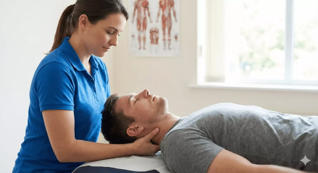 Chiropractor performing cervical spine evaluation to assess neck pain, posture, and muscular tension