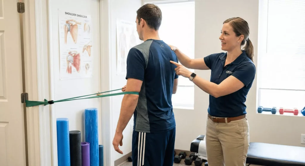 Rotator cuff rehabilitation exercise under chiropractic guidance for injury recovery and shoulder strength development