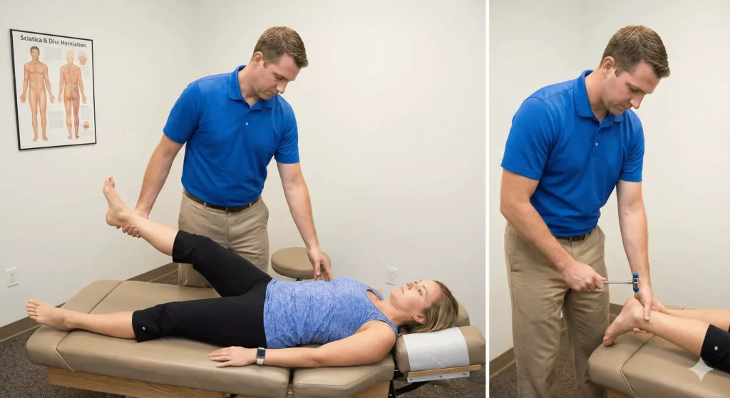 Chiropractor using physical tests to identify nerve tension and disc involvement in sciatica