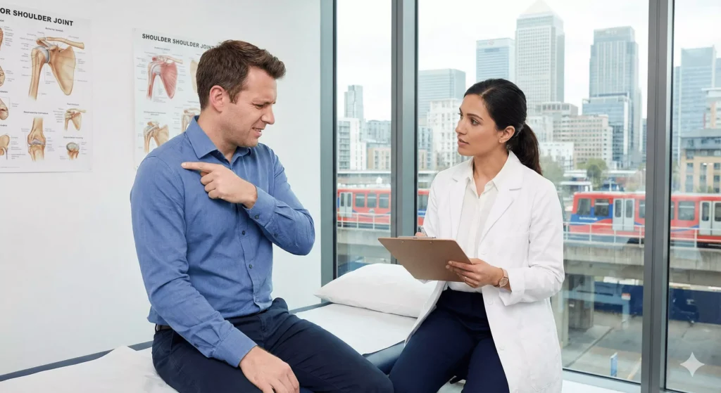Patient receiving clinical assessment for anterior shoulder pain by a musculoskeletal chiropractor in a city-based clinic setting