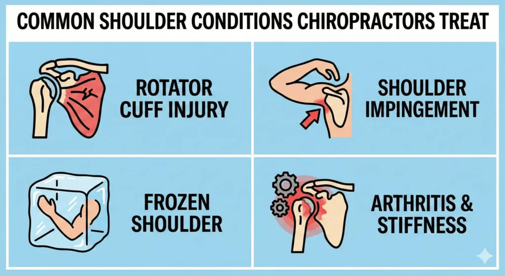 Visual segmentation of common shoulder pain conditions treated by chiropractors, including frozen shoulder and impingement