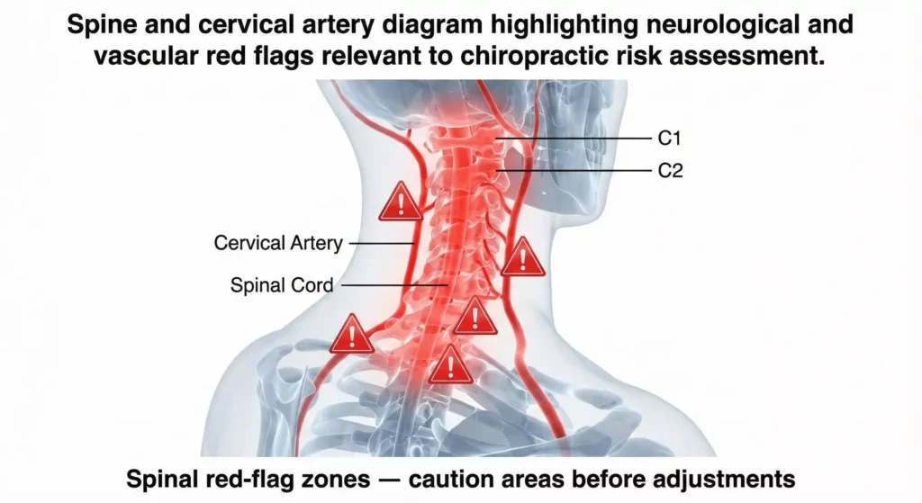Spinal red‑flag zones — caution areas before adjustments Spine and cervical artery diagram highlighting neurological and vascular red flags relevant to chiropractic risk assessment