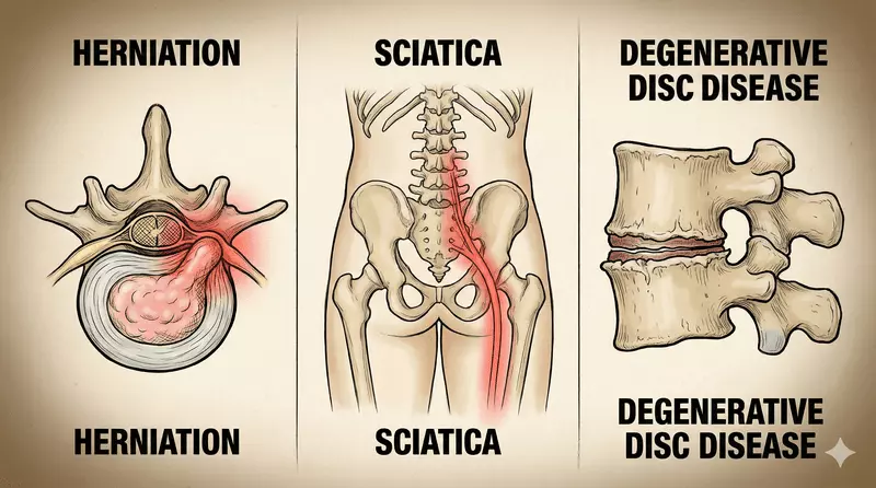 Comparative image showing lumbar disc herniation, sciatic nerve inflammation, and spinal degeneration