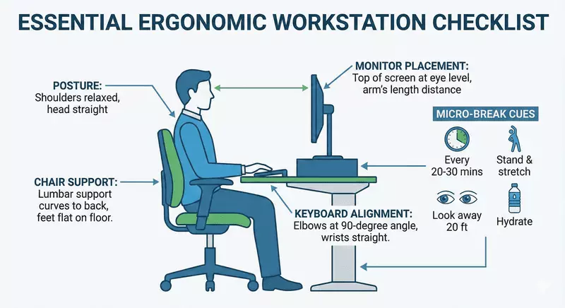 Infographic showing proper chair support, monitor placement, and keyboard alignment to reduce musculoskeletal stress