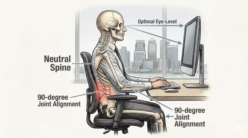 Office worker maintaining spinal alignment and optimal posture during extended desk work, reducing musculoskeletal strain