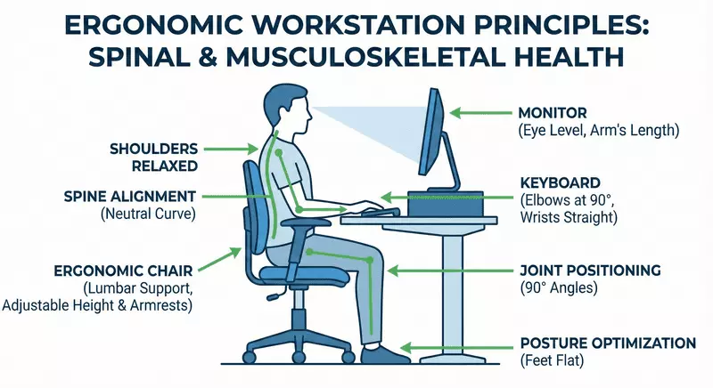 Illustration of ergonomic workstation highlighting spine alignment, joint positioning, and posture optimisation