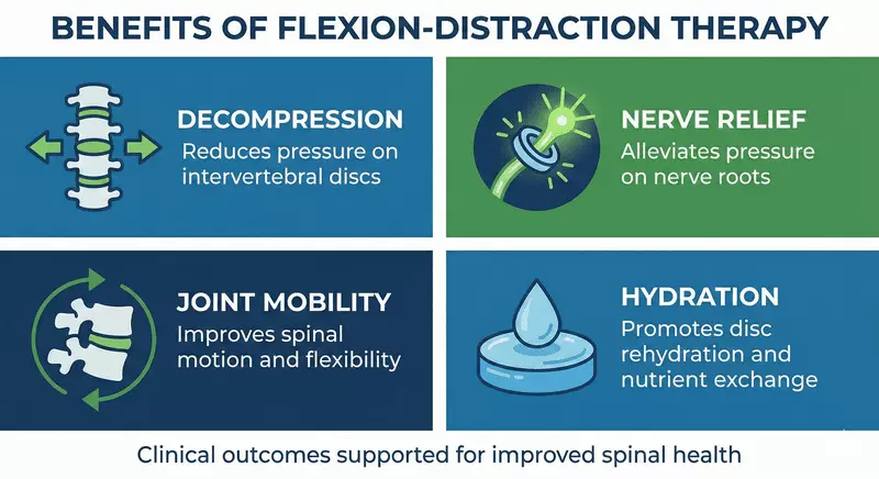Benefits of Flexion‑Distraction: disc rehydration, nerve root decompression, improved spinal motion