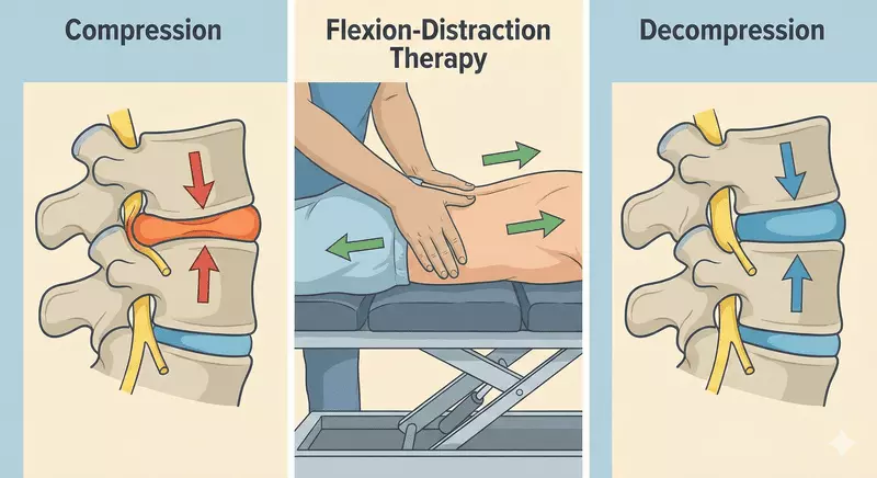 Cross-sectional view of lumbar disc compression and chiropractor-assisted spinal distraction for nerve relief