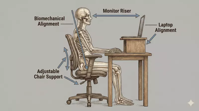 Home office setup demonstrating ergonomic posture, spinal alignment, and biomechanical load management