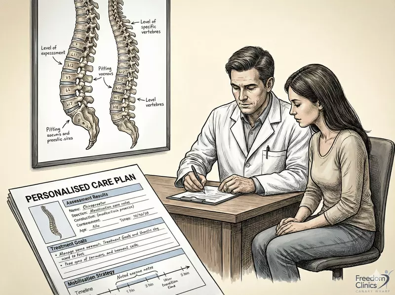 Chiropractor discussing personalised mobilisation plan for joint comfort and stability