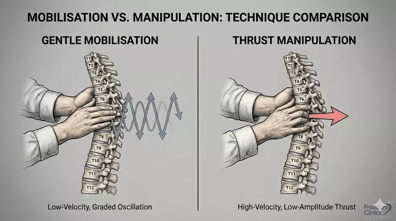 Comparison between gentle joint mobilisation and high-velocity spinal manipulation