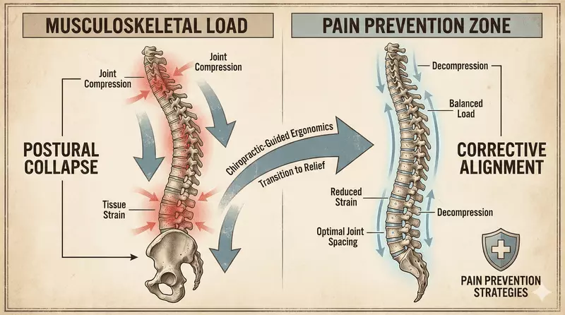 Visual representation of chiropractic-guided ergonomics for preventing neck, back, and shoulder pain