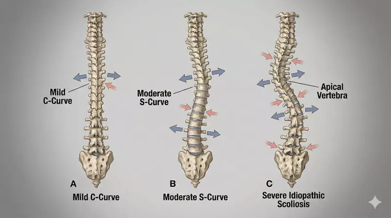 Posterior spinal comparison showing mild, moderate, and severe idiopathic scoliosis with lateral curvature patterns