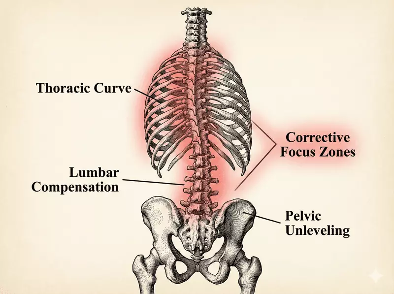 Anatomical overview of a scoliotic spine showing thoracic and lumbar S-curves with vertebral rotation.