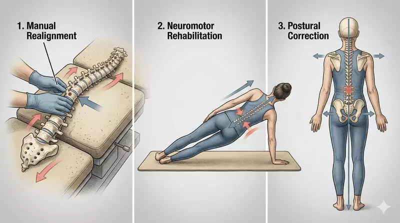 Combined scoliosis chiropractic protocol including spinal adjustment, rehabilitation, and posture training