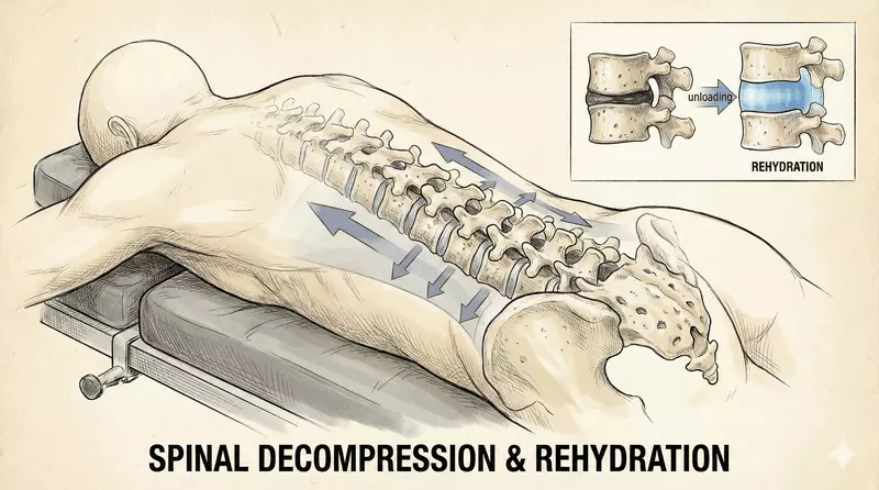 Patient receiving targeted spinal traction on decompression table, showing disc unloading and nerve relief