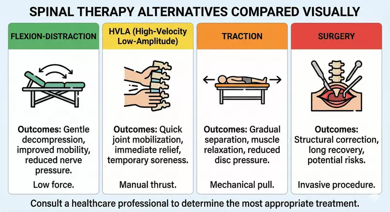 Comparative visual of spinal treatment modalities including traction, HVLA, surgery and decompression therapy