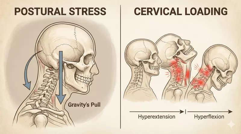Illustration of forward head posture, whiplash movement, and cervical facet joint load contributing to headache triggers
