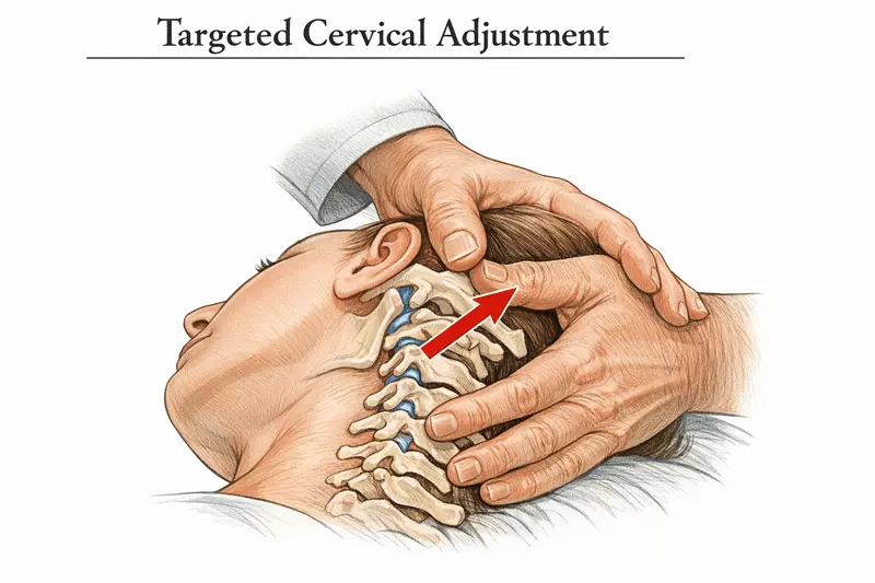 Image of cervical spinal manipulation targeting C1–C3 facet joints to relieve headache and restore mobility