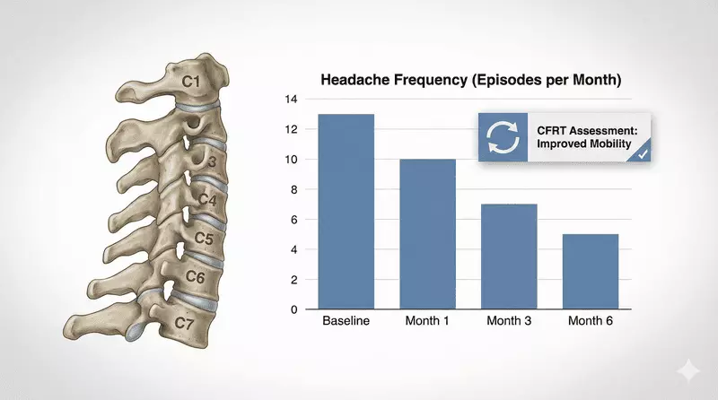 Composite visual linking clinical research, CFRT assessment outcomes, and reduced headache episodes