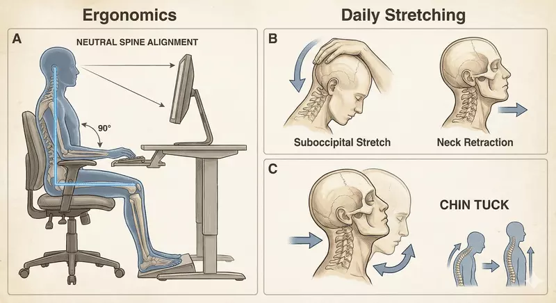 Illustration of cervical posture correction, ergonomic positioning, and stretching routines to prevent neck-related headaches
