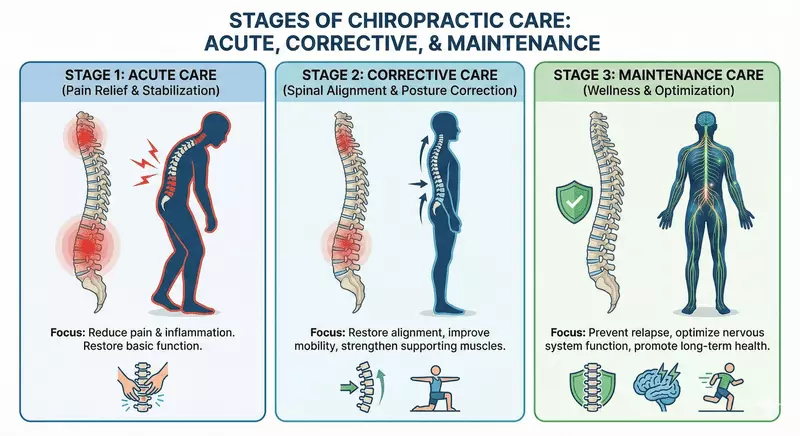 Illustration comparing acute, corrective, and maintenance chiropractic care for spinal alignment, posture, and nervous system optimisation