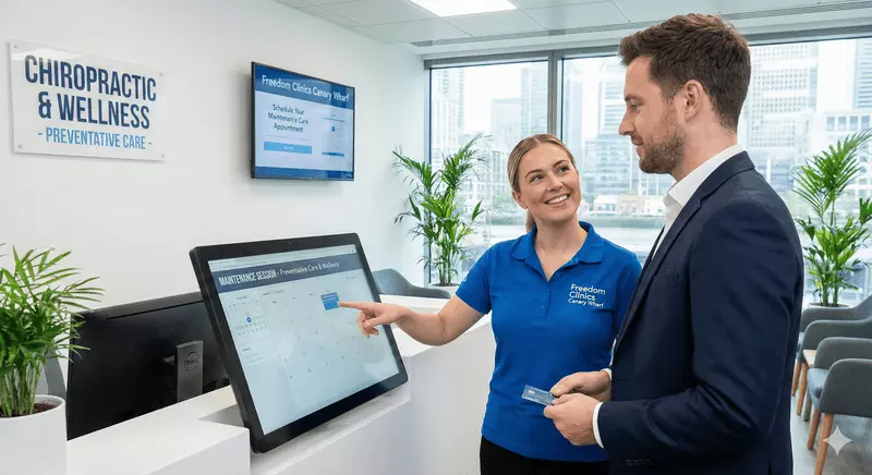 Patient booking a maintenance chiropractic session at Freedom Clinics Canary Wharf, emphasising preventative care and wellness