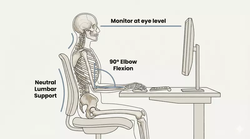 Optimised office ergonomics layout to prevent postural overload and repetitive strain during desk work