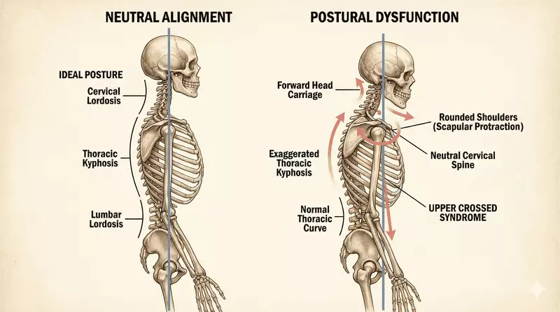 Comparative postural analysis showing cervical protrusion, scapular protraction, and thoracic hyperkyphosis