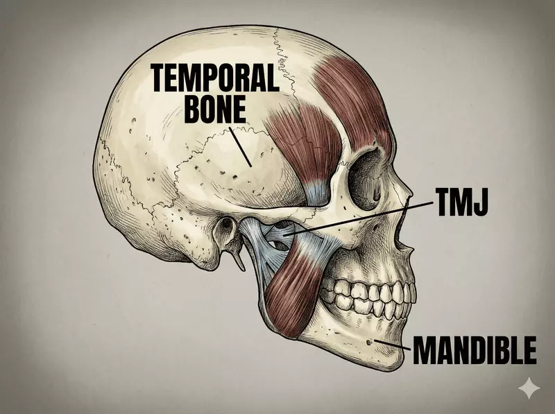 Anatomy of the temporomandibular joint and jaw muscles for TMJD understanding Detailed anatomical view of the temporomandibular joint, mandible, temporal bone, and surrounding jaw muscles highlighting jaw function and TMJD risk areas