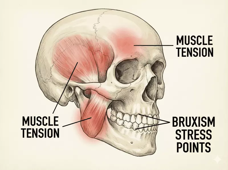 Bruxism and jaw muscle tension impact on TMJ function Visualisation of jaw clenching and muscle tension in masseter and temporalis muscles contributing to TMJD from bruxism