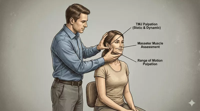 Chiropractic TMJ assessment techniques and jaw evaluation Chiropractor performing TMJ assessment including jaw range of motion, palpation of muscles, and postural evaluation for TMJD diagnosis
