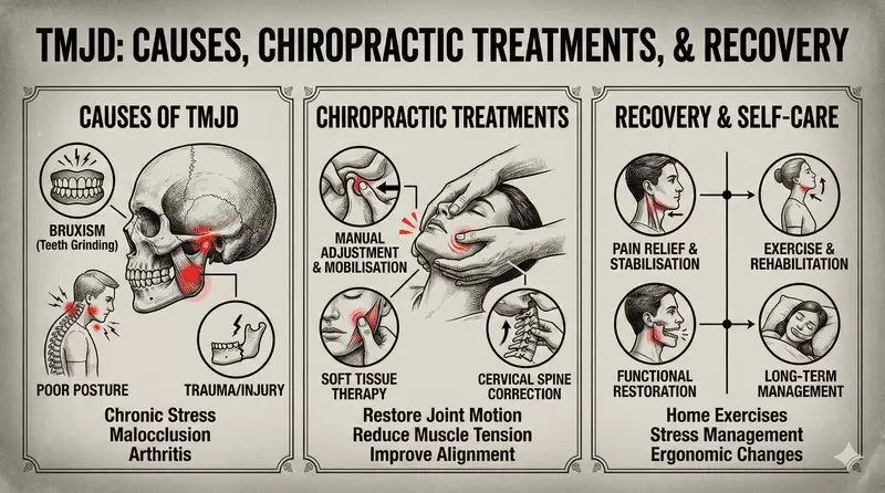 TMJD overview infographic with treatment and self-care guidance Infographic summarising TMJD causes, chiropractic interventions, expected recovery outcomes, and self-care strategies