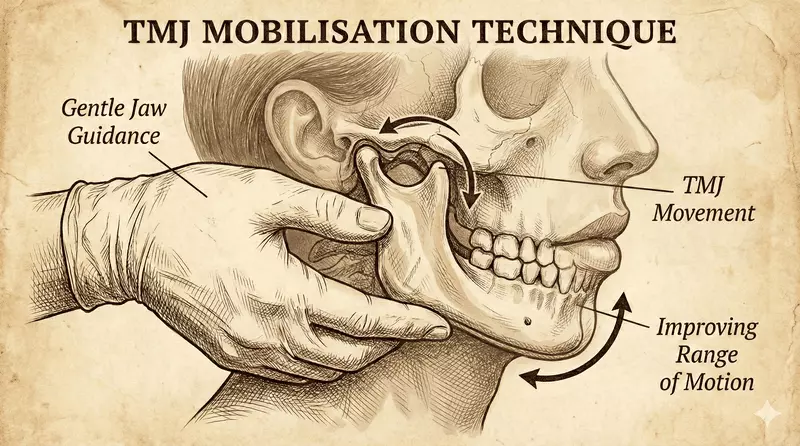 TMJ joint mobilisation technique for restoring jaw function TMJ mobilisation technique demonstrating gentle chiropractic adjustment of the jaw to improve range of motion