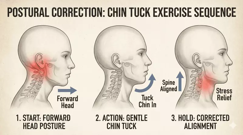 Posture exercises to reduce TMJ strain Postural correction exercise demonstrating proper cervical and shoulder alignment to relieve TMJD stress