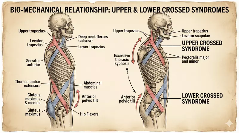 Unified kinetic chain diagram comparing Upper and Lower Crossed Syndromes and their regional impacts